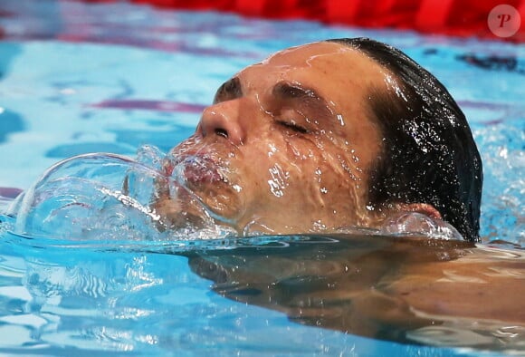 Florent Manaudou, lors de sa victoire sur le 50m papillon lors des championnats du monde grand bassin à Kazan en Russie le 3 août 2015