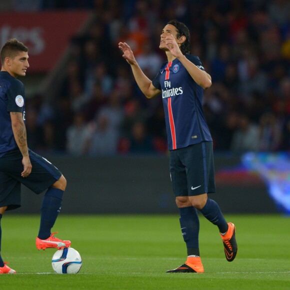 Edinson Cavani lors du match PSG-GFC Ajaccio lors de la 2ème journée de la Ligue 1 au Parc des Princes à Paris, le 16 août 2015.