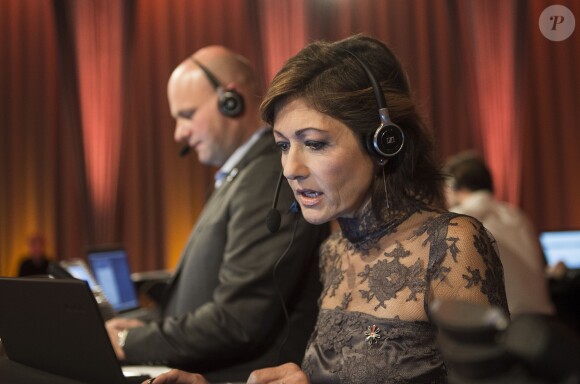 La comtesse Alexandra de Frederiksborg participe à une collecte de fonds nationale pour la recherche contre le cancer à la télévision publique danoise le 25 octobre 2014. Ex-femme du prince Joachim, elle a annoncé en septembre 2015 son divorce avec Martin Jorgensen, après huit ans d'un mariage célébré en mars 2007.