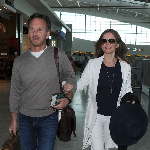 Les jeunes mariés Geri Halliwell et Christian Horner arrivent à l'aéroport de Heathrow en partance pour Cannes, le 16 mai 2015