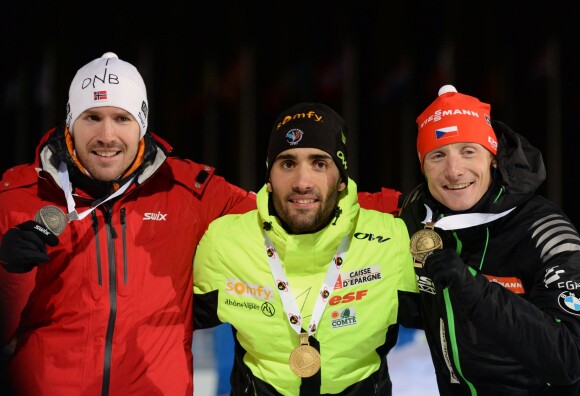 Emil Hegle Svendsen, Martin Fourcade et Ondrej Moravec lors du 20 km des Championnats du monde de biathlon qui se déroulaient à Kontiolahti, le 12 mars 2015