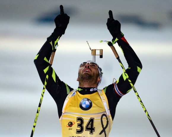 Martin Fourcade après sa victoire aux 20 km des Championnats du monde de biathlon qui se déroulaient à Kontiolahti, le 12 mars 2015