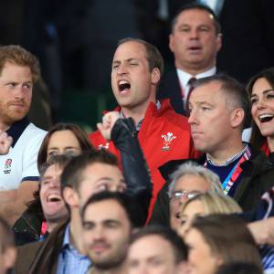 Prince Harry, Prince William, et Catherine Middleton, lors du match Angleterre - Pays de Galles à Twickenham, Londres, le 26 septembre 2015.