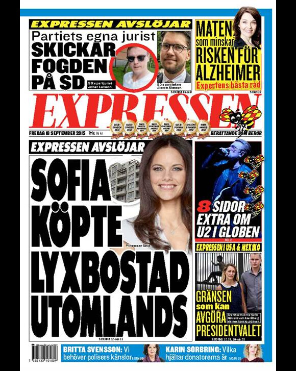 Une du quotidien suédois Expressen du 18 septembre 2015, consacrée à l'achat immobilier de la princesse Sofia en Afrique du Sud