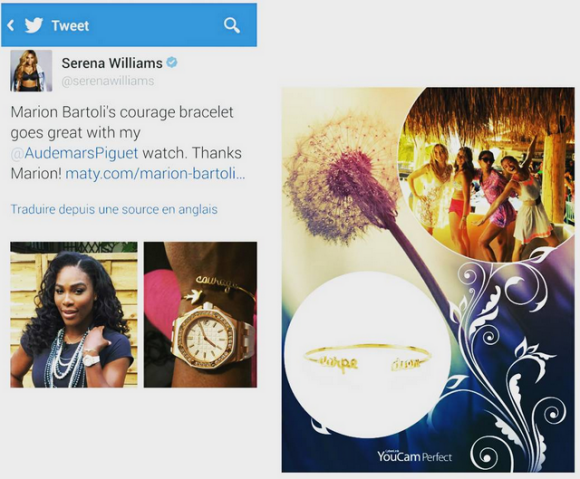 Serena Williams a choisi l'un des bracelets de Marion Bartoli pour Maty pour Roland-Garros 2015. Photo Instagram.