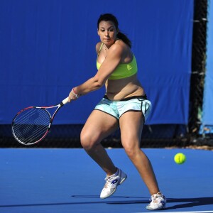 Marion Bartoli à l'entraînement en janvier 2015 à Melbourne avant le tournoi des légendes.