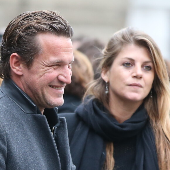 Benjamin Castaldi et sa compagne Aurore Aleman - Obsèques de Danièle Delorme en l'église de Saint-Germain-des Prés à Paris. Le 23 octobre 2015.