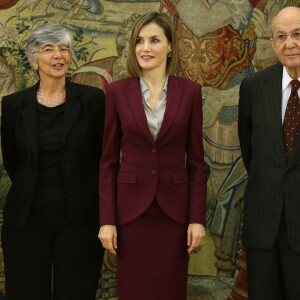 La reine Letizia d'Espagne (tailleur Hugo Boss) le 27 octobre 2015 lors d'audiences avec la Fondation ANAR et l'association des femmes dirigeantes au palais de la Zarzuela à Madrid.