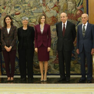 La reine Letizia d'Espagne (tailleur Hugo Boss) le 27 octobre 2015 lors d'audiences avec la Fondation ANAR et l'association des femmes dirigeantes au palais de la Zarzuela à Madrid.