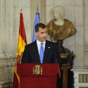 Le roi Felipe VI d'Espagne le 29 octobre 2015 lors de la cérémonie commémorant les 70 ans de l'Organisation des Nations unies (ONU) et les 60 ans de l'entrée de l'Espagne dans ses rangs, au palais royal à Madrid.