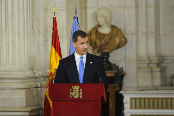 Le roi Felipe VI d'Espagne le 29 octobre 2015 lors de la cérémonie commémorant les 70 ans de l'Organisation des Nations unies (ONU) et les 60 ans de l'entrée de l'Espagne dans ses rangs, au palais royal à Madrid.