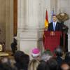 La reine Letizia et le roi Felipe VI d'Espagne prenaient part le 29 octobre 2015 à une cérémonie commémorant les 70 ans de l'Organisation des Nations unies (ONU) et les 60 ans de l'entrée de l'Espagne dans ses rangs, au palais royal à Madrid.
