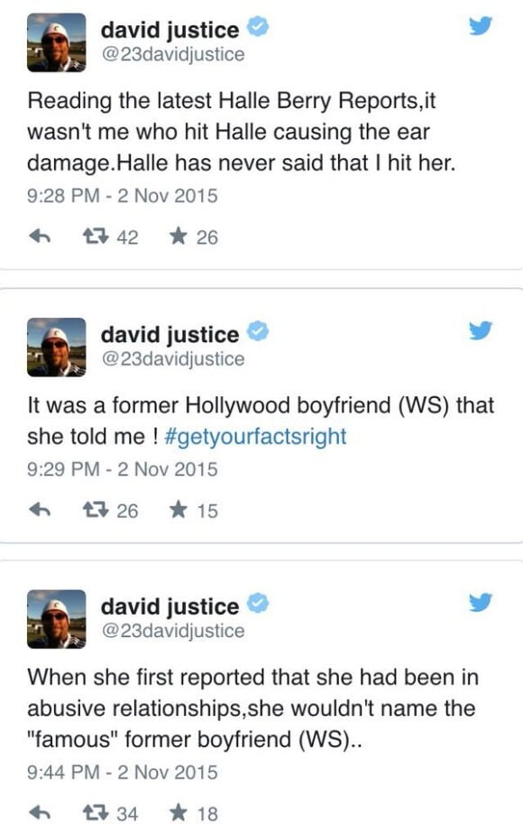 Capture d'écran des messages de David Justice concernant son histoire avec Halle Berry.