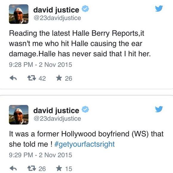 Capture d'écran des messages de David Justice concernant son histoire avec Halle Berry.