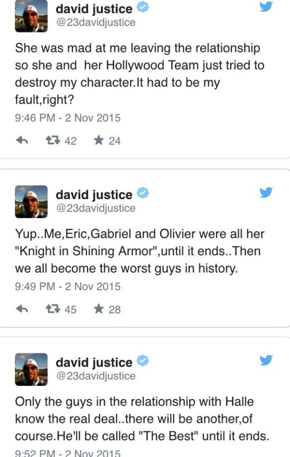 Capture d'écran des messages de David Justice concernant son histoire avec Halle Berry.