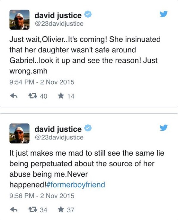 Capture d'écran des messages de David Justice concernant son histoire avec Halle Berry.