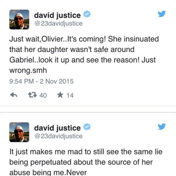 Capture d'écran des messages de David Justice concernant son histoire avec Halle Berry.