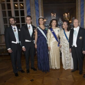 Prince Carl Philip, prince Daniel, crown princess Victoria, queen Silvia, Saida Caïd Essebsi, Beji Caïd Essebsi, king Carl XVI Gustaf at a gala dinner part of Tunisian President State Visit at Royal palace in Stockholm, Sweden, November 4, 2015. Photo by Charles Hammarsten/IBL/ABACAPRESS.COM05/11/2015 - Stockholm