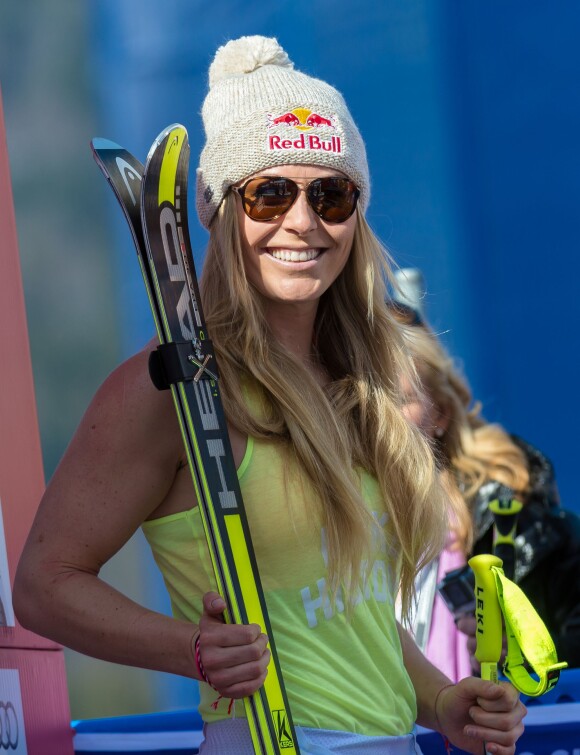 Lindsey Vonn aprèsb sa victoire en Super G à Garmisch-Partenkirchen, Germany, le 8 avril 2015