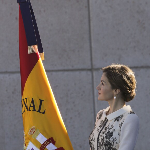 La reine Letizia d'Espagne procédait le 10 novembre 2015 à la remise cérémonielle du drapeau à la Police nationale espagnole, à Avila (centre de l'Espagne).