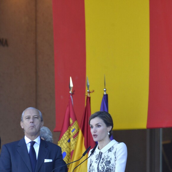 La reine Letizia d'Espagne procédait le 10 novembre 2015 à la remise cérémonielle du drapeau à la Police nationale espagnole, à Avila (centre de l'Espagne).