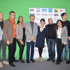 Pauline Simonet, Charles Juster, Christine Kelly, Nelson Monfort, Alessandra Sublet, Eric Minaert, Maryam Salehi, Thierry Lachkar et Jacques Sanchez, lors de la conférence Journée Éducation aux médias (JEM) au Studio rive gauche, à Paris le 21 novembre 2015. © Veeren