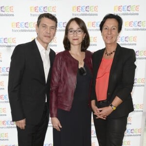 Marc Lavoine, Delphine Ernotte (présidente de France Télévisions), Laurence Tiennot-Herment (présidente de l'AFM-Téléthon) - Conférence de presse du Téléthon 2015, à France Télévisions à Paris le 4 novembre 2015. Le Téléthon 2015 aura lieu le 4 et le 5 décembre et le parrain de cette édition sera Marc Lavoine. © Coadic Guirec