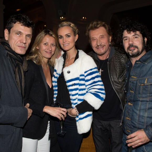 Exclusif - Prix Special - Marc Lavoine et sa femme Sarah, Johnny Hallyday et sa femme Laeticia, Yarol Poupaud - Aftershow apres le concert caritatif de Johnny Hallyday pour l'association de sa femme "La Bonne Etoile", qui vient en aide aux enfants du Vietnam, au Trianon a Paris, le 15 decembre 2013.