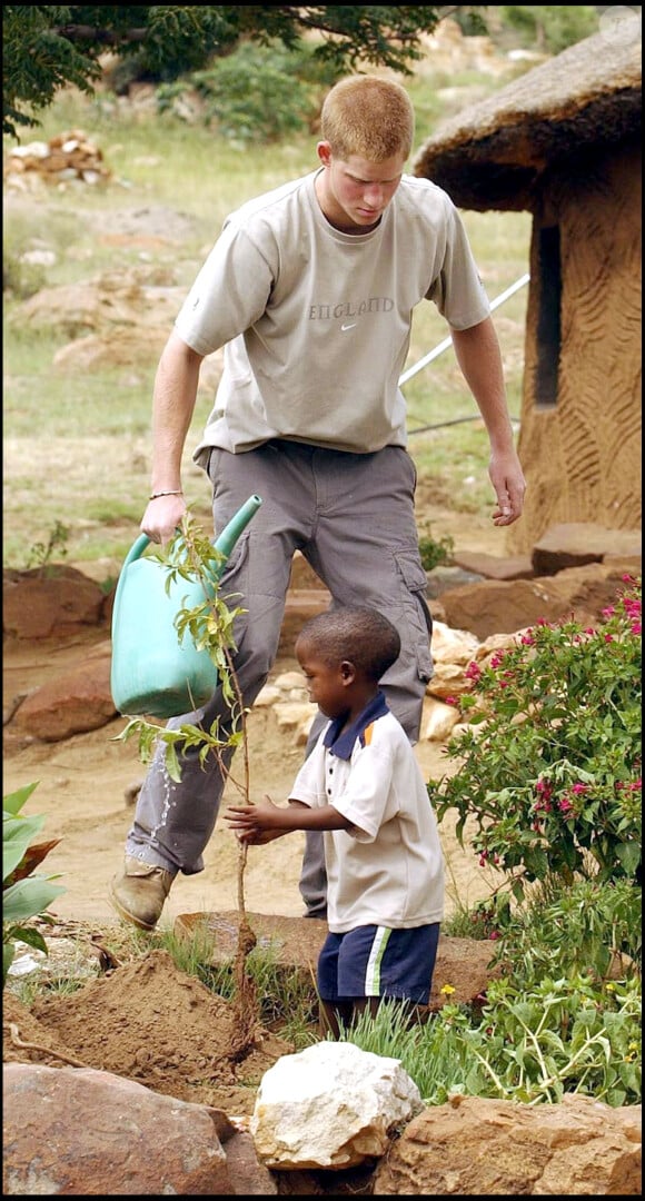 Le prince Harry plantant un pêcher au Lesotho avec Mutsu Potsane, alors âgé de 4 ans, lors de leur première rencontre, en mars 2004. Au fil des ans, leur amitié a perduré au gré des visites du prince britannique.