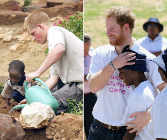 Le prince Harry plantant un pêcher (à g.) au Lesotho avec Mutsu Potsane, alors âgé de 4 ans, lors de leur première rencontre, en mars 2004, et le retrouvant bien grand (à d.), en novembre 2015.