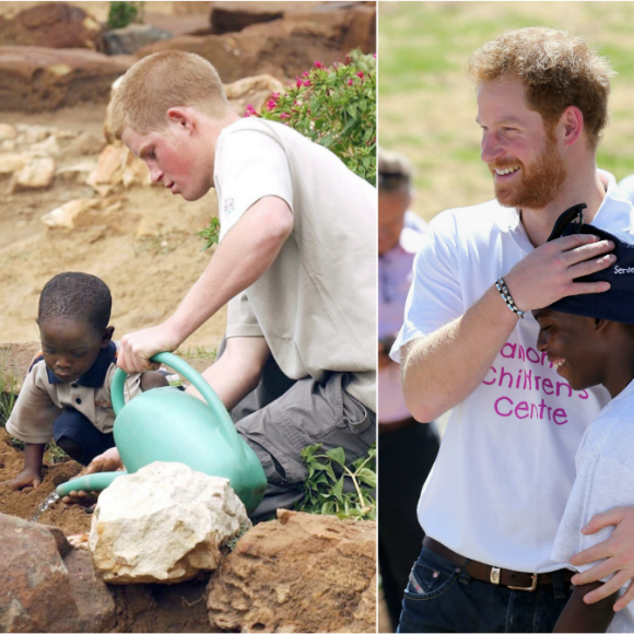 Le prince Harry plantant un pêcher (à g.) au Lesotho avec Mutsu Potsane, alors âgé de 4 ans, lors de leur première rencontre, en mars 2004, et le retrouvant bien grand (à d.), en novembre 2015.
