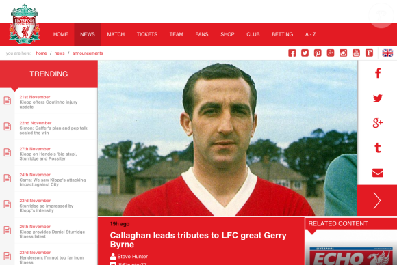 Gerry Byrne, légende du club de Liverpool, est mort le 28 novembre 2015. Il était atteint de la maladie d'Alzheimer.