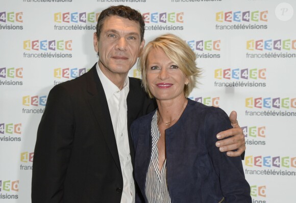 Marc Lavoine, Sophie Davant - Conférence de presse du Téléthon 2015, à France Télévisions à Paris le 4 novembre 2015.