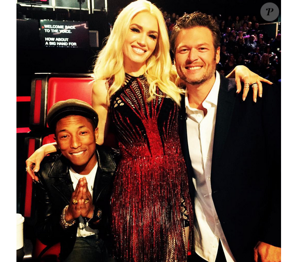 Gwen Stefani, Blake Shelton et Pharrell Williams sur le plateau de The Voice Us / photo postée sur Instagram au mois d'octobre 2015.