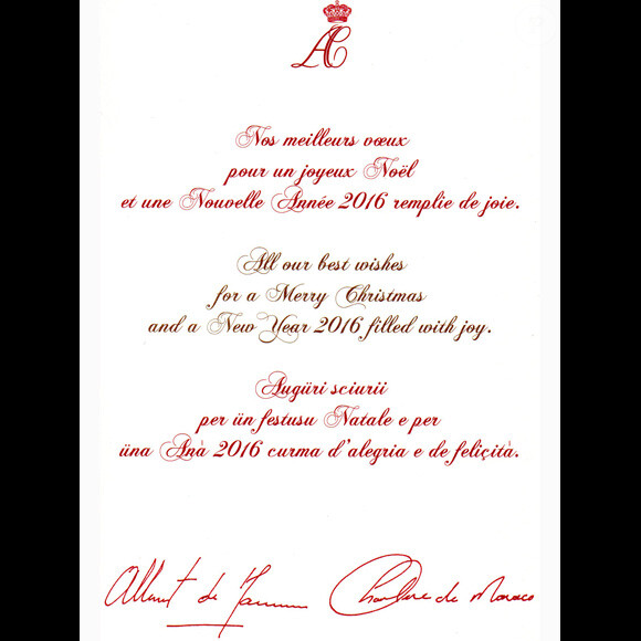 Carte de voeux du prince Albert II et de la princesse Charlene de Monaco, pour les fêtes de fin d'année 2015.