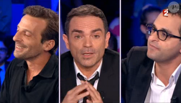 Mathieu Kassovitz, Yann Moix et Arash Derambarsh, dans On n'est pas couché sur France 2 (émission tournée le jeudi 12 novembre 2015 et diffusée le samedi 2 janvier 2016.)