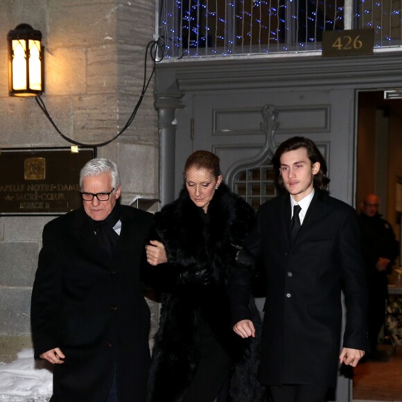Céline Dion, son fils René-Charles Angélil et son frère Michel Dion - La famille de René Angélil sort de la Basi­lique Notre-Dame de Montréal où tous les anonymes sont venus se recueillir en sa mémoire et présenter leurs condoléances à Céline Dion, la veille de ses funérailles, le 21 janvier 2016. © Dominique Jacovides/Bestimage