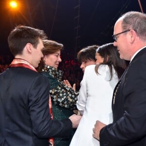 Exclusif - La princesse Stéphanie de Monaco a reçu le 19 janvier 2016 un Clown d'or des mains de son frère le prince Albert II lors du 40e Festival international du cirque de Monte-Carlo, en reconnaissance de son engagement dans la perpétuation du rendez-vous créé par leur père le prince Rainier III, qu'elle préside depuis 2005, et en présence notamment de ses enfants Louis et Pauline Ducruet. © Bruno Bebert/Bestimage