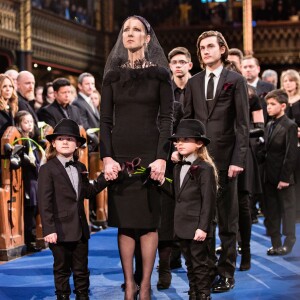 Céline Dion, ses enfants René-Charles Angélil, les jumeaux Nelson Angélil et Eddy Angélil lors des obsèques nationales de René Angélil en la Basi­lique Notre-Dame de Montréal, le 22 janvier 2016 © Olivier Samson Arcand / OSAIMAGES / FEELING