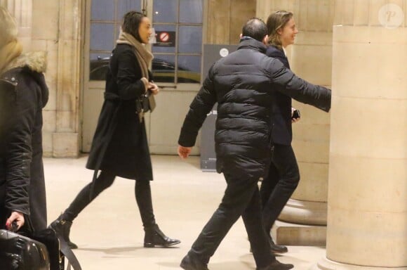Exclusif - Pierre Sarkozy et sa compagne - L'ancien président de la république, Nicolas Sarkozy, a fêté son 61e anniversaire au restaurant Guy Savoy, dans lequel travaille Léonard Trierweiler, en compagnie de sa femme, ses enfants et leurs amis. Paris, le 28 janvier 2016