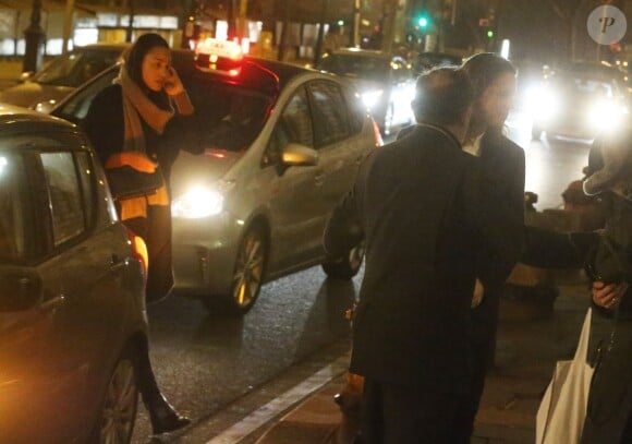 Exclusif - Pierre Sarkozy et sa compagne - L'ancien président de la république, Nicolas Sarkozy, a fêté son 61e anniversaire au restaurant Guy Savoy, dans lequel travaille Léonard Trierweiler, en compagnie de sa femme, ses enfants et leurs amis. Paris, le 28 janvier 2016