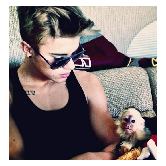 Justin Bieber pose avec son petit capucin, Mally, reçu en cadeau pour ses 19 ans. Photo publiée sur Instagram en mars 2013.