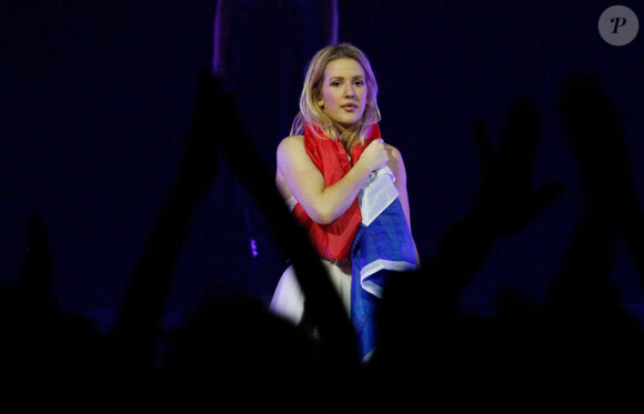 Ellie Goulding avec un drapeau de la France en concert au Zénith à Paris le 25 février 2016.