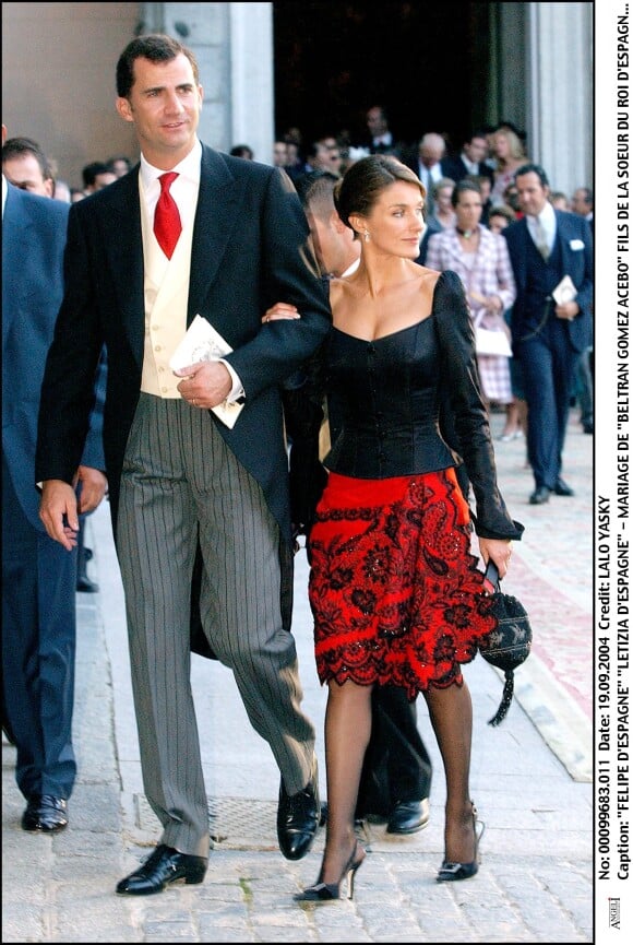 Felipe et Letizia d'Espagne au mariage de Laura Ponte et Beltran Gomez-Acebo en septembre 2004