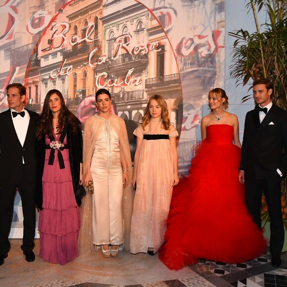 Andrea Casiraghi, Tatiana Santo Domingo, Charlotte Casiraghi, la princesse Alexandra de Hanovre, Beatrice Borromeo, Pierre Casiraghi au 62e Bal de la Rose, sur le thème de Cuba opéré par Karl Lagerfeld, dans la Salle des Etoiles du Sporting de Monte-Carlo, le 19 mars 2016, au profit de la Fondation Princesse Grace présidée par la princesse Caroline de Hanovre. © Bruno Bebert / Bestimage