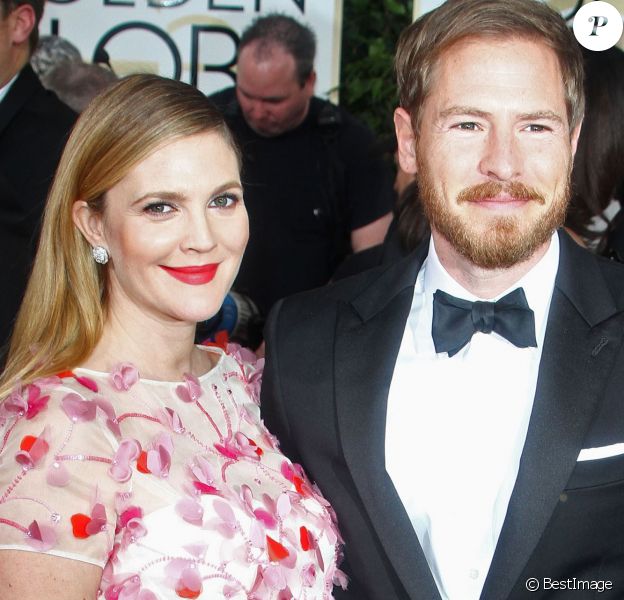 Drew Barrymore enceinte et son mari Will Kopelman - 71eme ceremonie des Golden Globe Awards a Beverly Hills, le 12 janvier 2014
