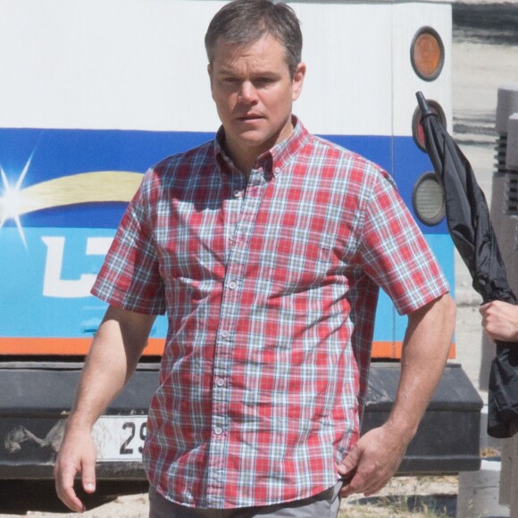 Exclusif - Matt Damon sur le tournage du film 'Downsizing' à Los Angeles, le 5 avril 2016