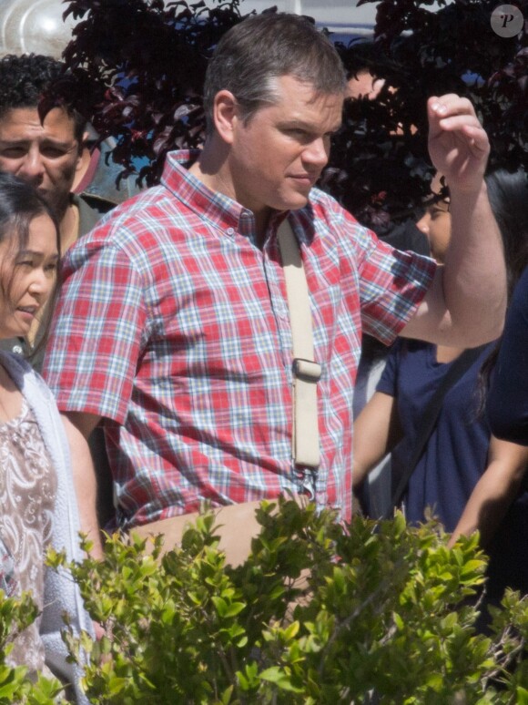 Exclusif - Matt Damon sur le tournage du film 'Downsizing' à Los Angeles, le 5 avril 2016