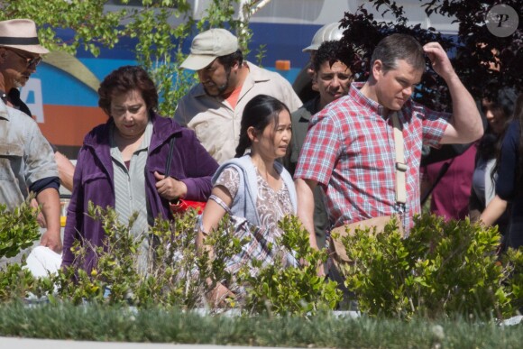 Exclusif - Matt Damon sur le tournage du film 'Downsizing' à Los Angeles, le 5 avril 2016