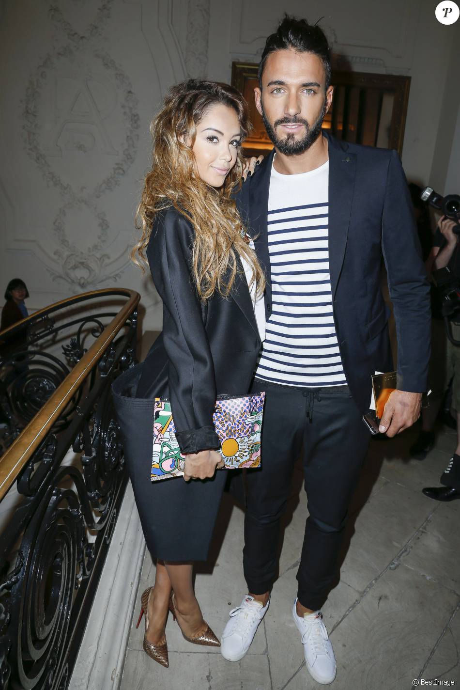 Nabilla Benattia et son compagnon Thomas Vergara - People au défilé de mode, collection Haute-Couture automne-hiver 2014/2015 &quot;Jean Paul Gaultier&quot; à son showroom à Paris. Le 9 juillet 2014